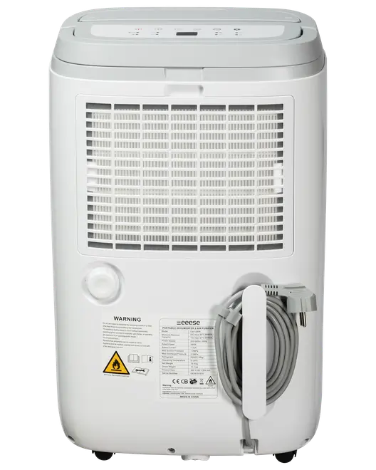 Vit avfuktare med bakre luftgaller, vred, varningsetiketter och en prydligt lindad elkabel med kontakt fäst på baksidan för enkel förvaring och transport.