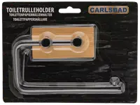 Väggmonterad toalettpappershållare med rektangulär bambusplatta och kromad metallarm. Modern design, inklusive monteringsdetaljer. Passar standardrullar. Märke: Carlsbad.