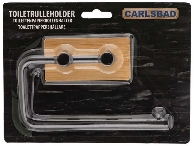 Væghængt toiletrulleholder med rektangulær bambusplade og krom metalarm. Moderne design, inklusiv monteringsbeslag. Passer til standard toiletruller. Mærke: Carlsbad.