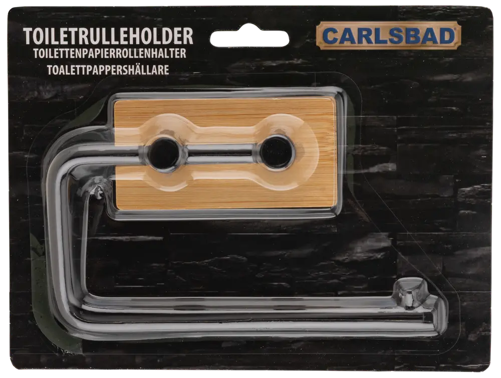 Väggmonterad toalettpappershållare med rektangulär bambusplatta och kromad metallarm. Modern design, inklusive monteringsdetaljer. Passar standardrullar. Märke: Carlsbad.