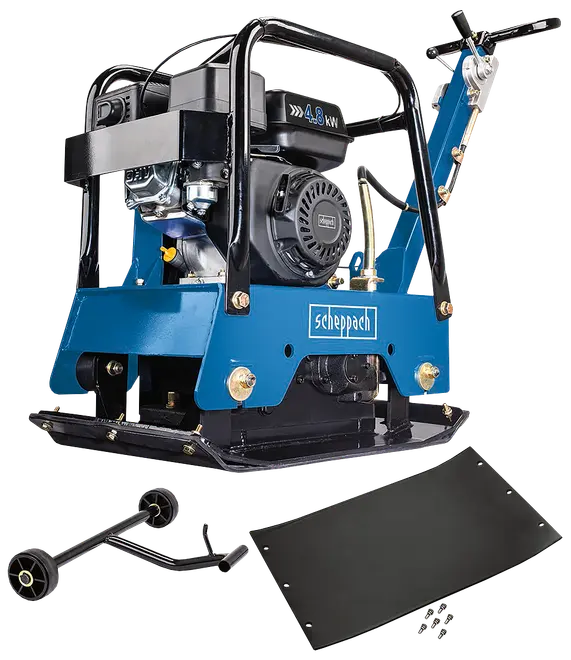 Blå Scheppach jordvibrator med 4,8 kW motor, robust stålkonstruktion, håndtag, medfølgende transporthjul og sort måtte til belægnings- eller anlægsarbejde.