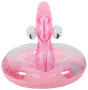 Lyserød oppustelig badering formet som en flamingo med glimmerdetaljer, rund base og opretstående hoved med store tegneserieøjne.