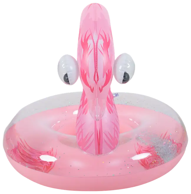 Lyserød oppustelig badering formet som en flamingo med glimmerdetaljer, rund base og opretstående hoved med store tegneserieøjne.