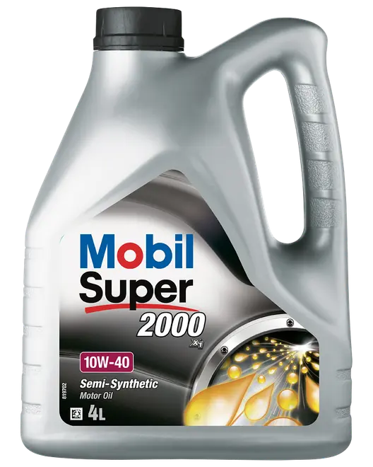 4-liters dunk Mobil Super 2000 semi-syntetisk motorolie, 10W-40 viskositet, ergonomisk håndtag og sort låg, velegnet til smøring og beskyttelse af bilmotorer.