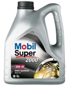 4-liters dunk Mobil Super 2000 semi-syntetisk motorolie, 10W-40 viskositet, ergonomisk håndtag og sort låg, velegnet til smøring og beskyttelse af bilmotorer.