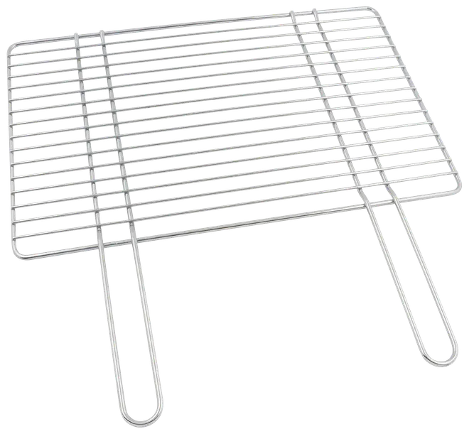 Rektangulært grillrist i rustfrit stål med to håndtag, designet til udendørs madlavning. Parallelle metalstænger sikrer jævn varmefordeling og nem placering af mad.