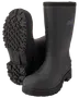 Sorte gummistøvler med skridsikre såler, forstærkede tåkappe og mellemhøjt skaft. Holdbar konstruktion til våde eller mudrede forhold. 360 Outdoor-logo på siden.