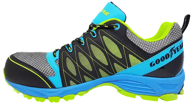 Herresko med mesh og syntetisk overdel, blå og neongule detaljer, sorte paneler, polstret krave, snørelukning og Goodyear-logo på siden og pløsen.