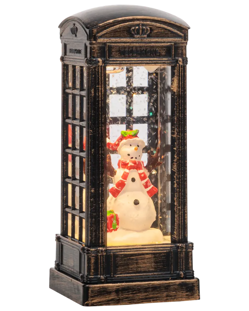Snögubbe i telefonkiosk 