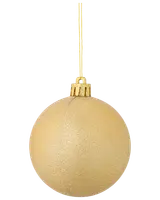 Rund julgranskula i guld med matt, texturerad yta, guldfärgad topp och upphängningssnöre. Lätt och okrossbar, perfekt för julgransdekoration.