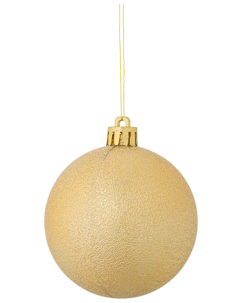 Rund julgranskula i guld med matt, texturerad yta, guldfärgad topp och upphängningssnöre. Lätt och okrossbar, perfekt för julgransdekoration.