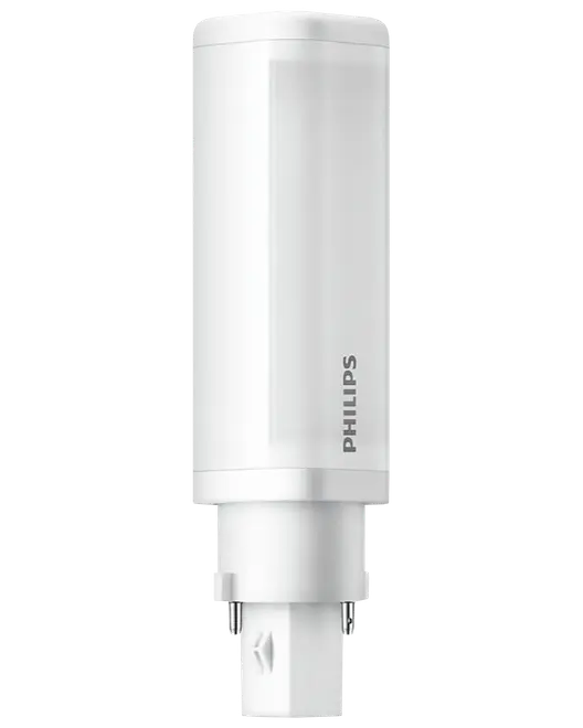 Vit Philips cylindrisk LED-lampa med sticksockel och slät plastkåpa, visad framifrån.