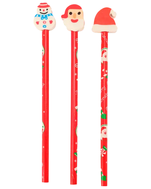Set med tre röda julpennor med festliga tryck och suddtopp: snögubbe, tomteansikte och tomteluva. Perfekt för julskrivande eller present.