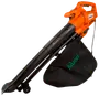 Elektrisk løvblæser og -suger i orange og sort med stor opsamlingspose mærket 'Adano'. Ergonomisk håndtag, hjul for nem bevægelse og lang dyse til effektiv rengøring.