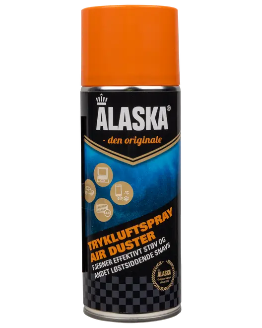 Alaska trykluftspray med orange låg, bruges til at fjerne støv og snavs fra elektronik, tastaturer og svært tilgængelige steder. Indeholder komprimeret luft.