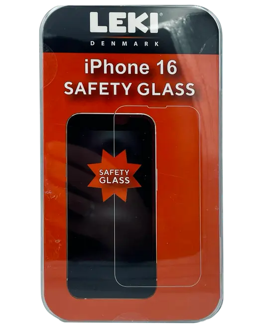 LEKI Denmark iPhone 16 beskyttelsesglas i emballage, klart hærdet glas, beskytter skærmen mod ridser og stød, præcise udskæringer til sensorer.