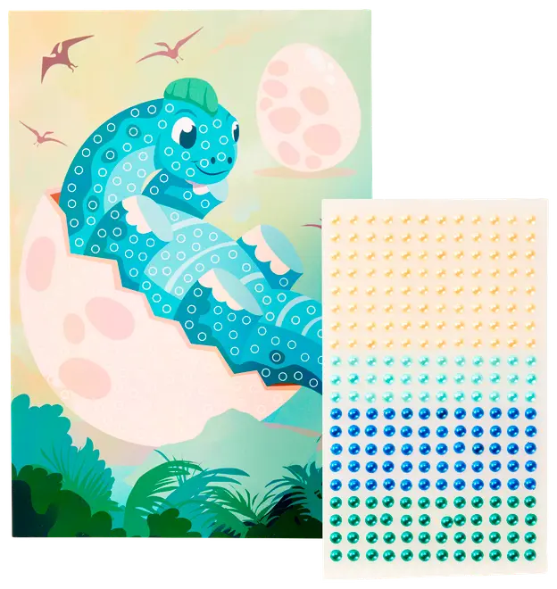 Børnevenligt dinosaur-klistermærkesæt med en blå dinosaur, der klækkes fra et æg. Sættet inkluderer farvede juvel-klistermærker til dekoration og baggrund med æg, planter og flyvende dinosaurer.