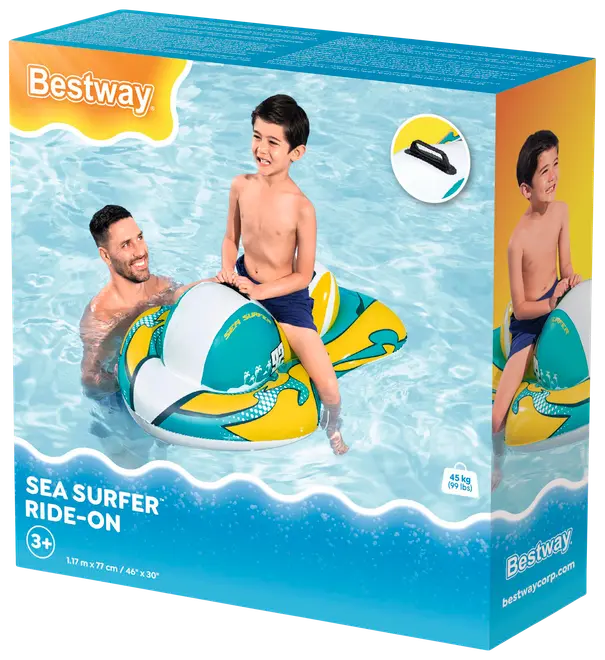 Uppblåsbar havssurfare badleksak för barn, färgglad i gult, grönt och vitt, stadiga handtag, passar från 3 år, maxvikt 45 kg.