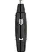 Sort elektrisk næse- og ørehårstrimmer med sølvfarvet tænd/sluk-knap, ergonomisk greb og afrundet spids. Kompakt, batteridrevet design til personlig pleje.