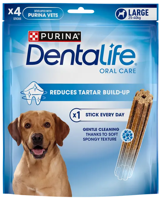 Purina Dentalife Oral Care tuggpinnar för stora hundar (25-40kg), 4 st. Minskar tandstensbildning, skonsam rengöring med mjuk, porös textur. Utvecklad med Purina veterinärer.