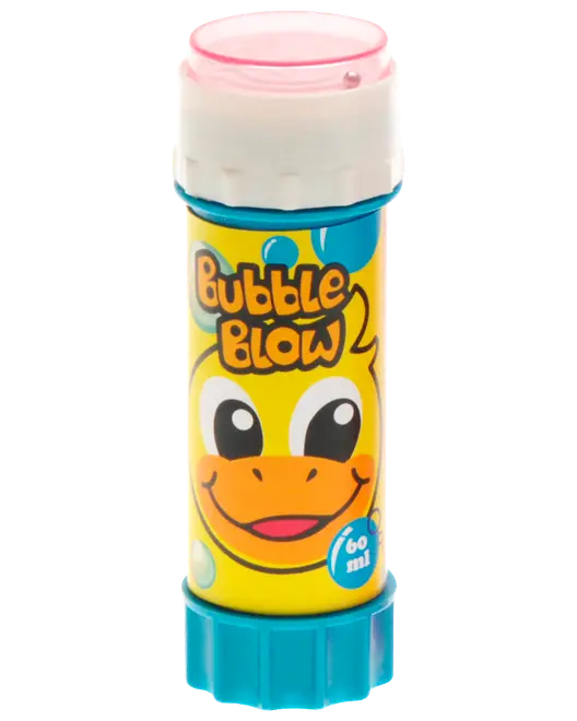 Farverig Bubble Blow-rør med andeansigt, lyserødt låg, blå bund og 60 ml boblevæske.
