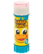 Farverig Bubble Blow-rør med andeansigt, lyserødt låg, blå bund og 60 ml boblevæske.