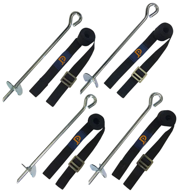 Fyra markankare i metall med spiralformad spets och justerbara svarta remmar, perfekta för att säkra studsmattor, tält eller paviljonger. Inkluderar metallspännen.