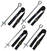 Sæt med fire jordankre i metal med spiralender og justerbare sorte stropper, ideelle til fastgørelse af udendørs genstande som trampoliner, telte eller pavilloner. Med metalspænder.