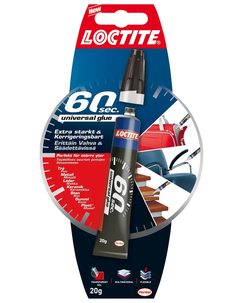 Loctite 60 sek universal lim, 20g tube. Ekstra stærk, transparent gel til flere materialer som træ, metal, læder, keramik, sten, gummi og plast. Fleksibel og hurtigtvirkende.