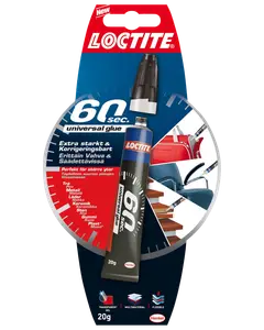 Loctite 60 sek universal lim, 20g tube. Ekstra stærk, transparent gel til flere materialer som træ, metal, læder, keramik, sten, gummi og plast. Fleksibel og hurtigtvirkende.