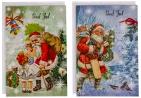 Två julkort med jultomten, säck, presenter och dekorationer. Ett kort visar tomten med ett barn, det andra med kälke och vinterbakgrund.