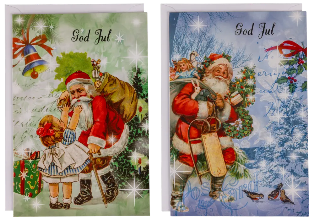 Två julkort med jultomten, säck, presenter och dekorationer. Ett kort visar tomten med ett barn, det andra med kälke och vinterbakgrund.
