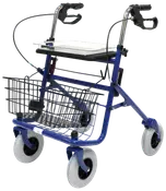Blå rollator med fyra hjul, handbromsar, trådkorg och vit bricka.