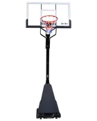 Transportabel basketballkurv med klar bagplade, rød ring, hvid net, justerbar sort stang og solid base med hjul for nem flytning. Velegnet til udendørs eller indendørs brug.