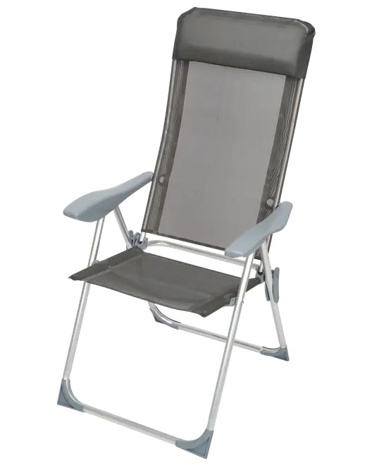 Hopfällbar utomhusstol med grått nätmaterial, hög rygg, vadderat nackstöd och robust silverfärgad metallram. Breda plastarmstöd. Lätt och portabel, perfekt för camping eller uteplats.