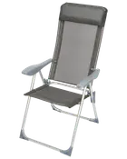 Sammenklappelig udendørsstol med gråt netstof, høj ryg, polstret hovedstøtte og solidt sølvfarvet metalstel. Brede plastarmlæn for komfort. Let og nem at transportere.