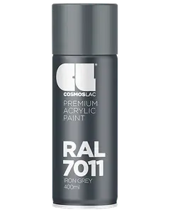 Cosmoslac RAL 7011 Jerngrå premium akryl spraymaling, 400ml dåse. Mat finish, velegnet til indendørs og udendørs brug. Nem påføring, holdbar og vejrbestandig.