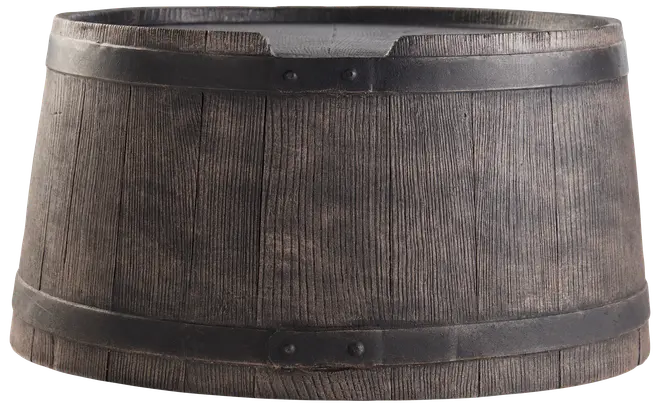 Rustik træbalje med mørke metalbånd, konisk form og tydelig træstruktur. Velegnet til udendørs beplantning eller dekoration. Holdbar og vejrbestandig, klassisk vintage look.