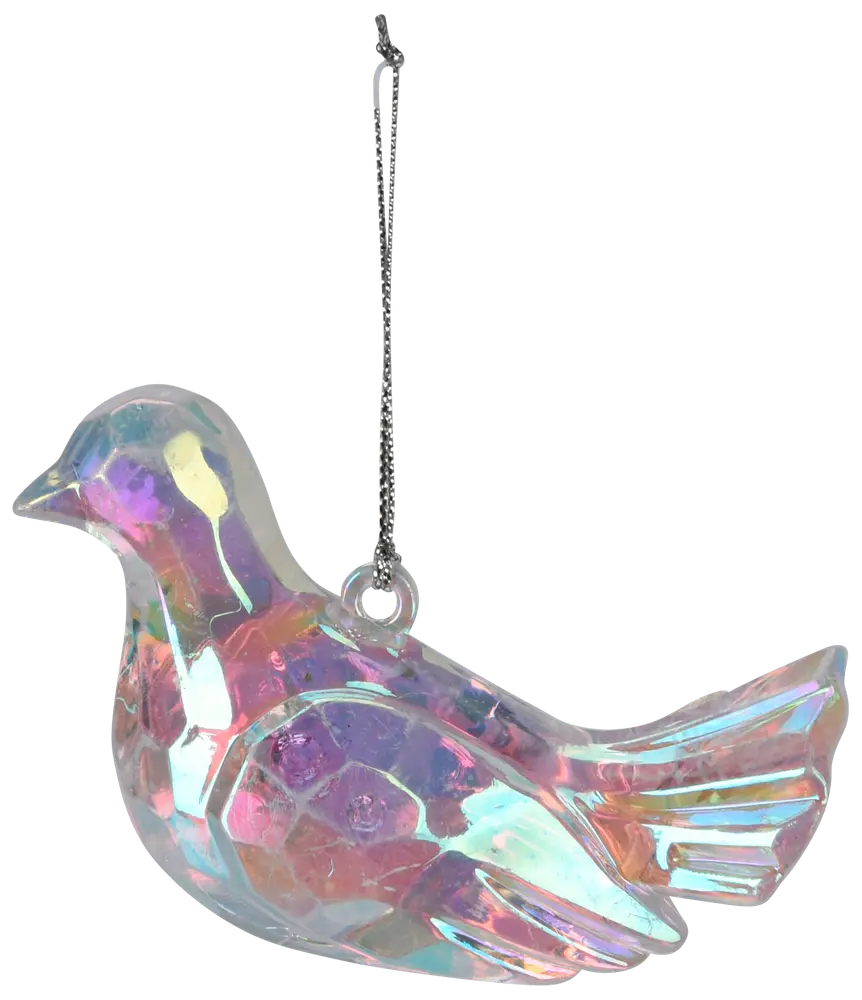 Iridescerande fågelprydnad i fasetterad akryl med silverfärgad upphängningstråd. Reflekterar rosa, blå och gula nyanser. Lätt och dekorativ för julgran eller hem.