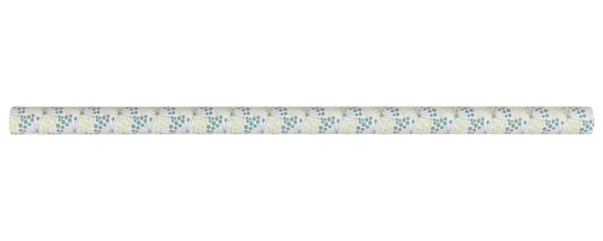 Smalt dekorativt bordbånd med gentaget lyst blomster- og bladmønster i beige, blå og grønne toner.