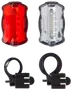 Sæt med to LED-cykellygter, én rød og én hvid, med sorte monteringsbeslag. Til for- og baglys på cyklen. Batteridrevne, kompakte og vejrbestandige.