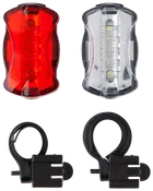 Två LED-cykellampor, en röd och en vit, med svarta fästen. För fram- och bakljus på cykel. Batteridrivna, kompakta och väderbeständiga.