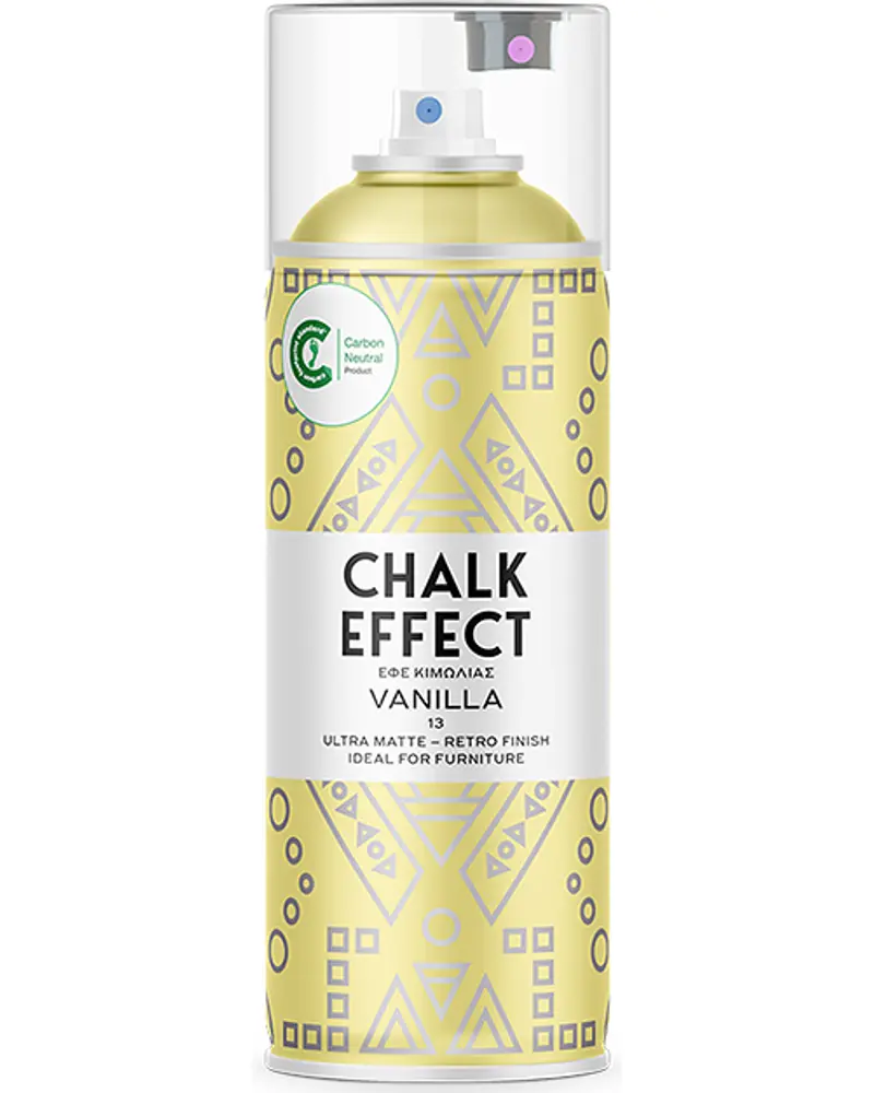 Gul spraydåse med geometriske mønstre, mærket 'Chalk Effect Vanilla'. Ultra mat, retro finish. Velegnet til møbler. Klar hætte og carbon neutral produktmærke.