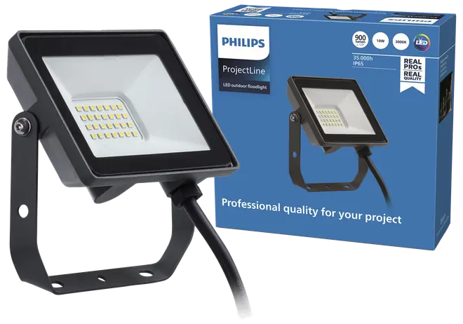 Philips ProjectLine LED udendørs projektør, sort, rektangulær, justerbart beslag, 10W, 900 lumen, 3000K varm hvid, IP65 vandtæt, egnet til professionelle udendørs belysningsprojekter.