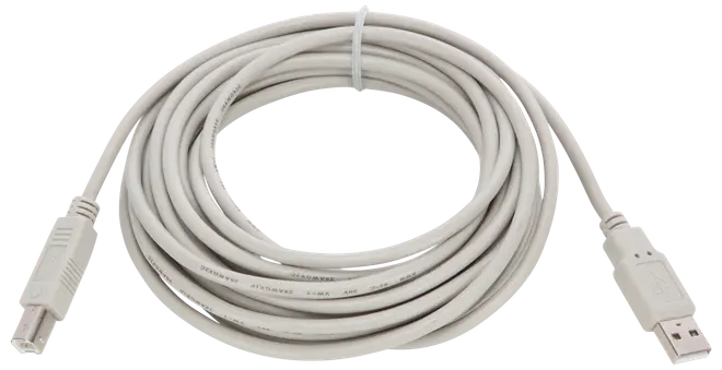 Langt beige USB A til USB B-kabel, velegnet til tilslutning af printere eller scannere til computere. Har standard hanstik i begge ender og slidstærk isolering.