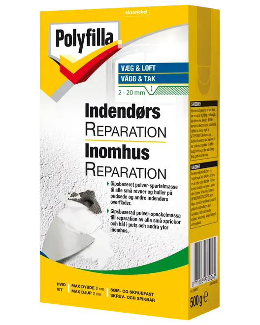 Polyfilla indendørs reparationspulver, 500g æske, til udfyldning af revner og huller i vægge og lofter. Velegnet til puds og andre indendørs overflader. Hvid, skrue- og sømfast.