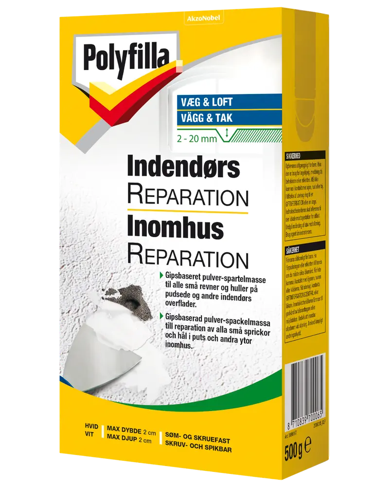 Polyfilla indendørs reparationspulver, 500g æske, til udfyldning af revner og huller i vægge og lofter. Velegnet til puds og andre indendørs overflader. Hvid, skrue- og sømfast.