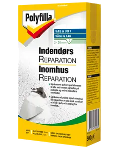 Polyfilla indendørs reparationspulver, 500g æske, til udfyldning af revner og huller i vægge og lofter. Velegnet til puds og andre indendørs overflader. Hvid, skrue- og sømfast.
