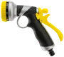 Justerbart munstycke till trädgårdsslang med ergonomiskt svart handtag, gul avtryckare och ratt för olika sprutmönster. Hållbar plast och metall. Passar standardslangar.