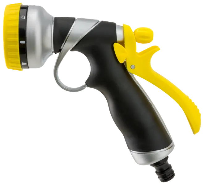 Justerbart munstycke till trädgårdsslang med ergonomiskt svart handtag, gul avtryckare och ratt för olika sprutmönster. Hållbar plast och metall. Passar standardslangar.